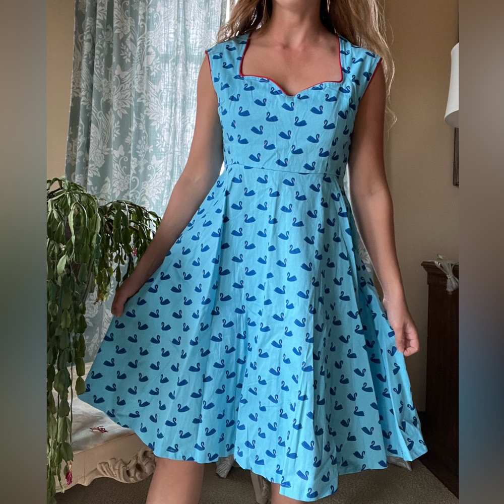 Lindy bop pin up blue swan pattern retro vintage style dance dress